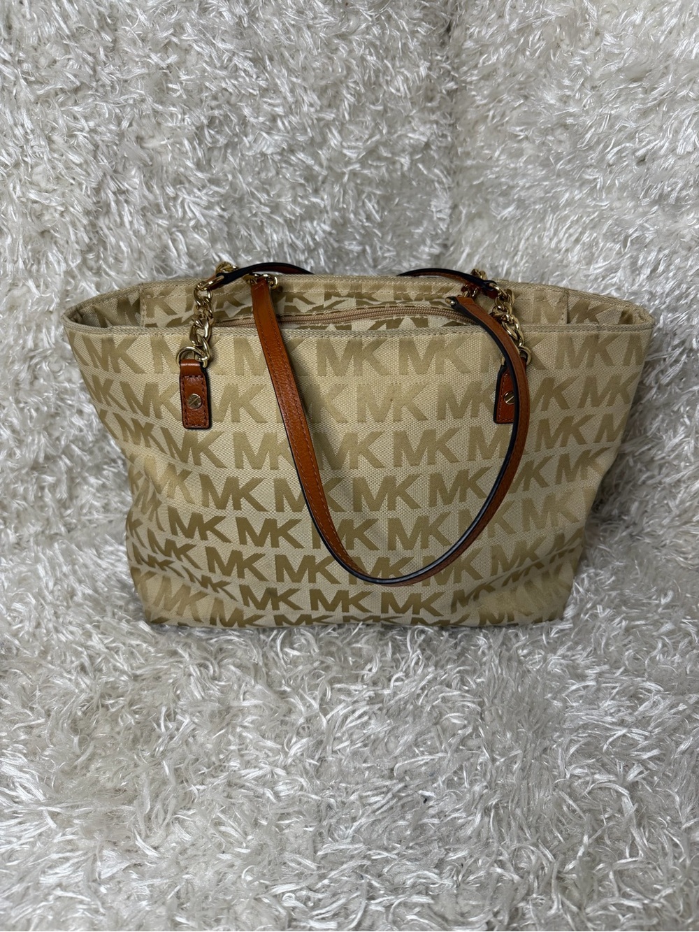 Michael Kors Beige MK Logo Tote with Brown Leather Straps